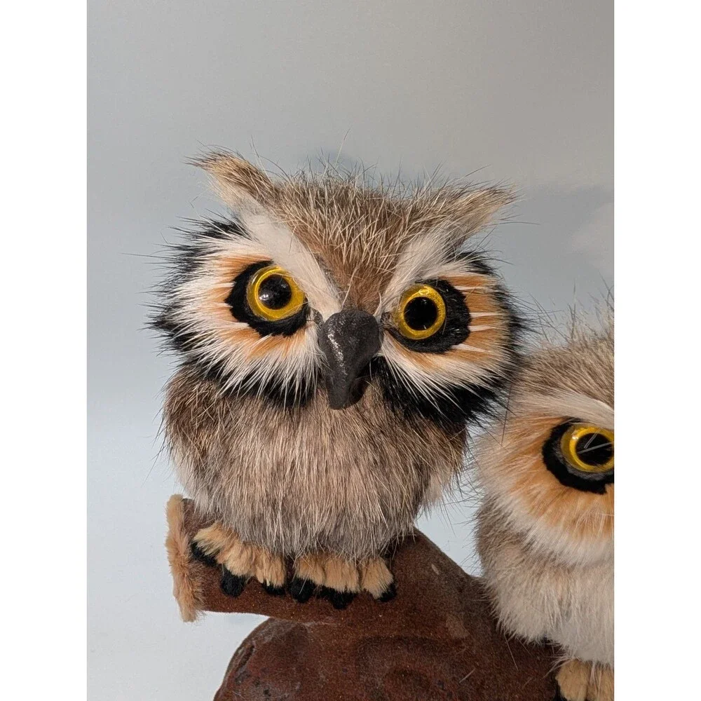 Rustic Owl Figurine Trio on Wood Branch Base Cabin Decor 3 Owls Folk Art